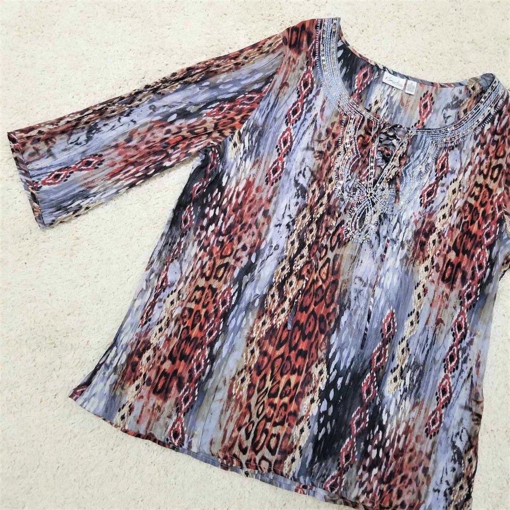 Top, Blouse. Blue, Brown, Rust Multi Pattern. Emb… - image 8